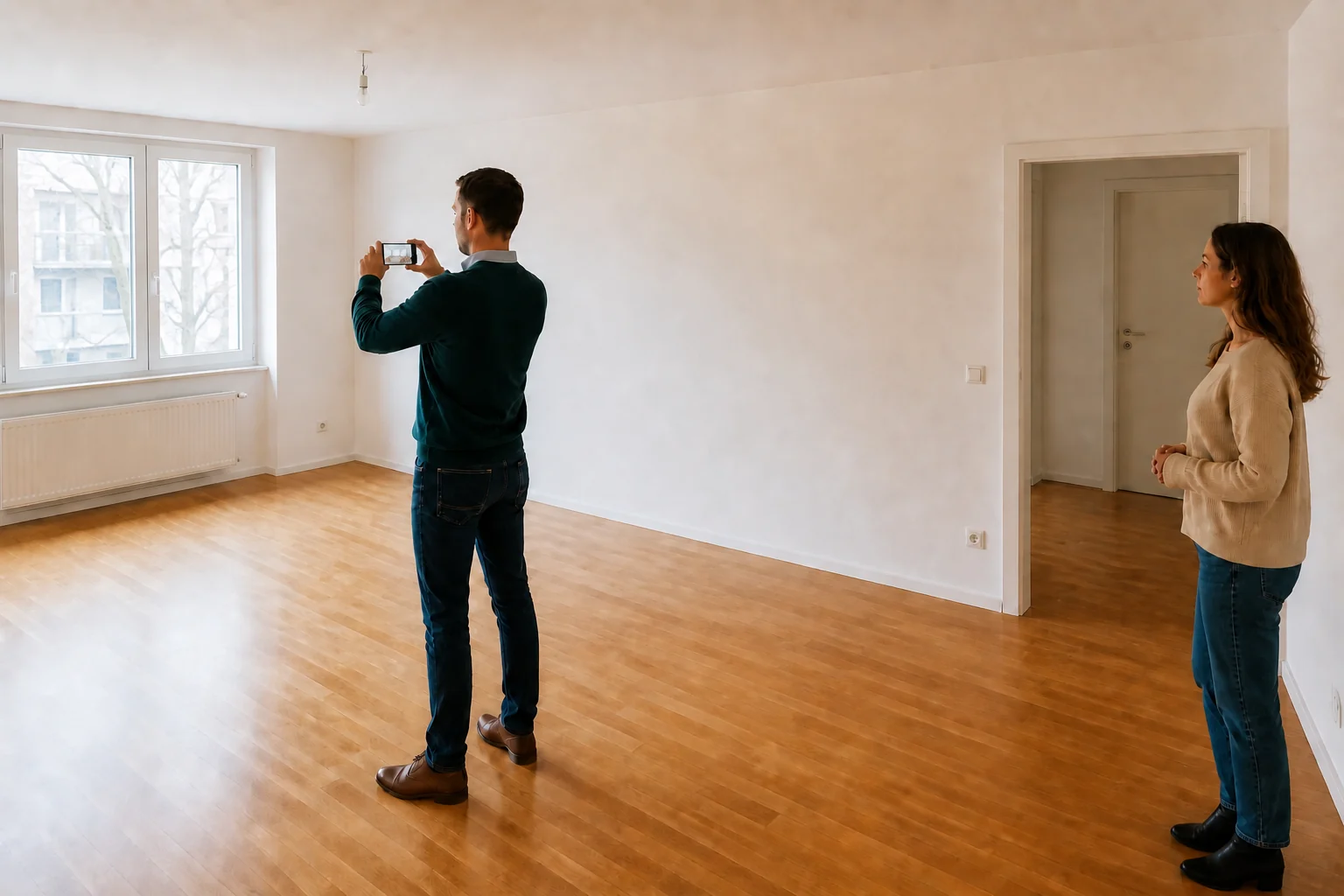 Ein Verwalter fotografiert bei einer Wohnungsübergabe einen leeren Raum; die Mieterin steht mit deutlichem Abstand an der Tür.